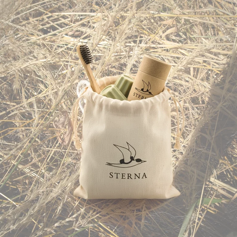 Kit de voyage biodégradable : savon, brosse à dent en bambou et déodorant solide.
