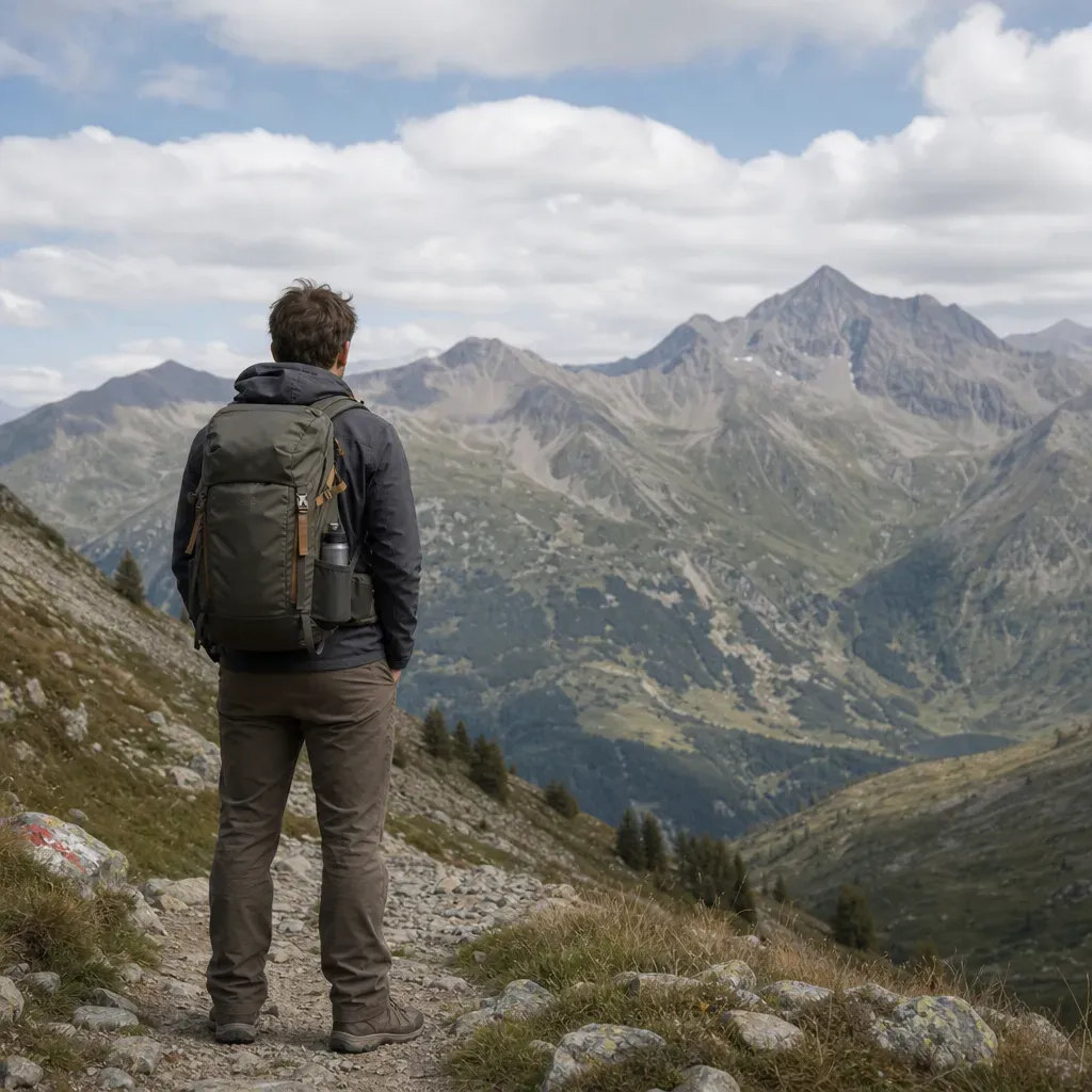Randonneur de dos regardant un paysage montagneux avec son sac à dos