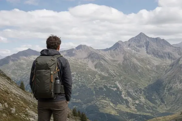 Randonneur de dos regardant un paysage montagneux avec son sac à dos